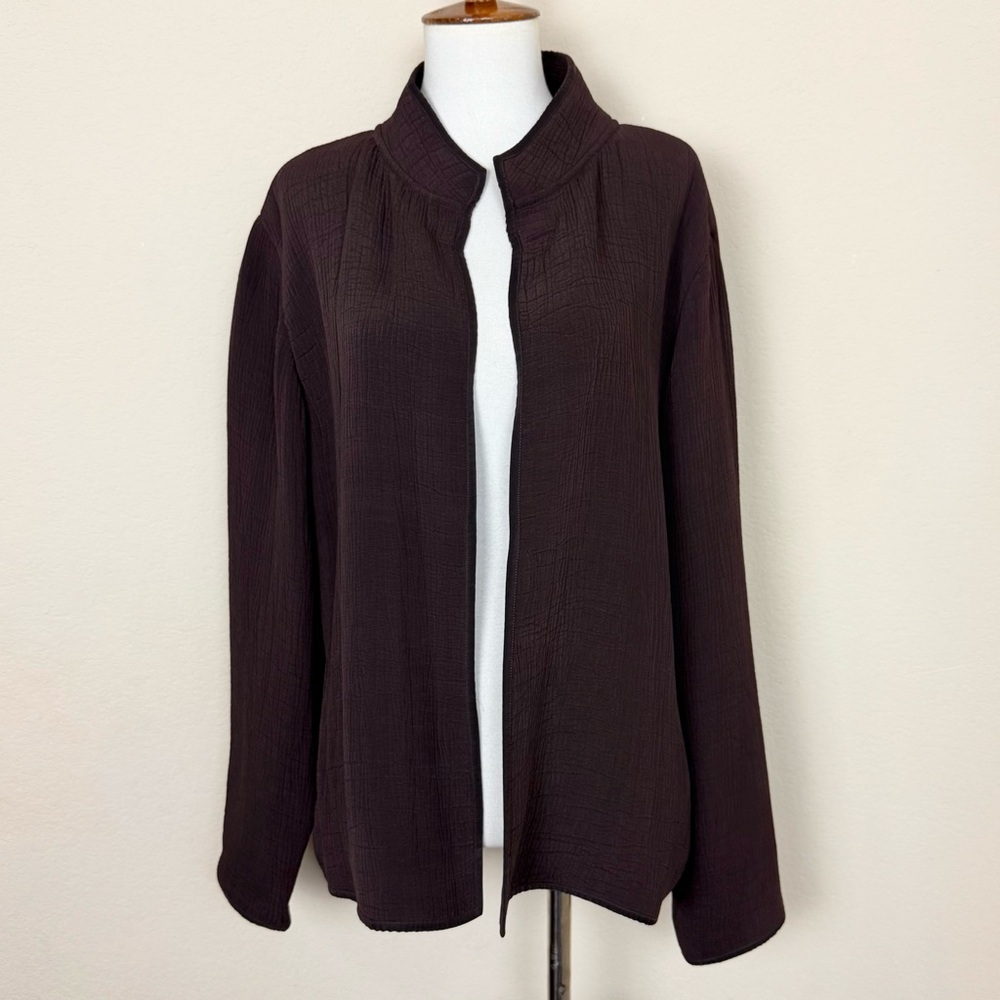 Eileen Fisher Maroon Open Front Rayon Silk Blend Blazer Cardigan Jacket Large‎